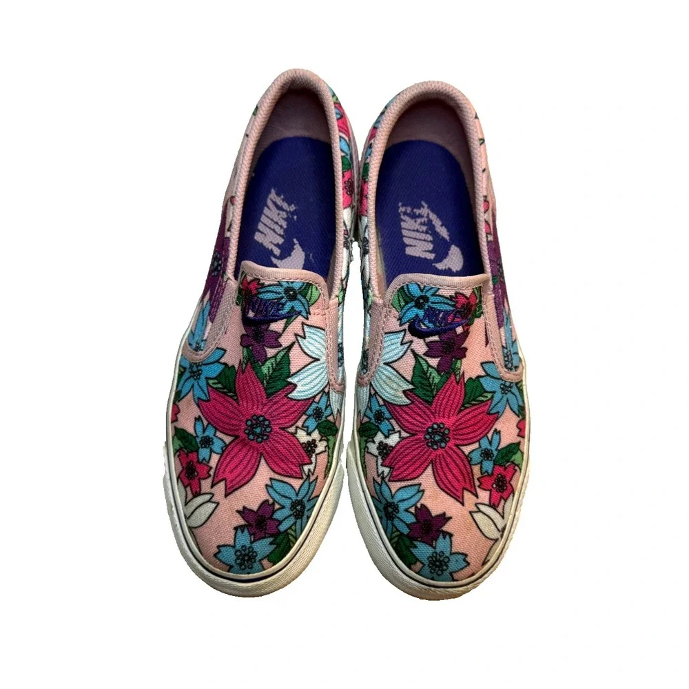 Nike TOKI PInk Blue Aloha Floral Thick Canvas Slip On Loafer Skater Shoe Wmn 6.5